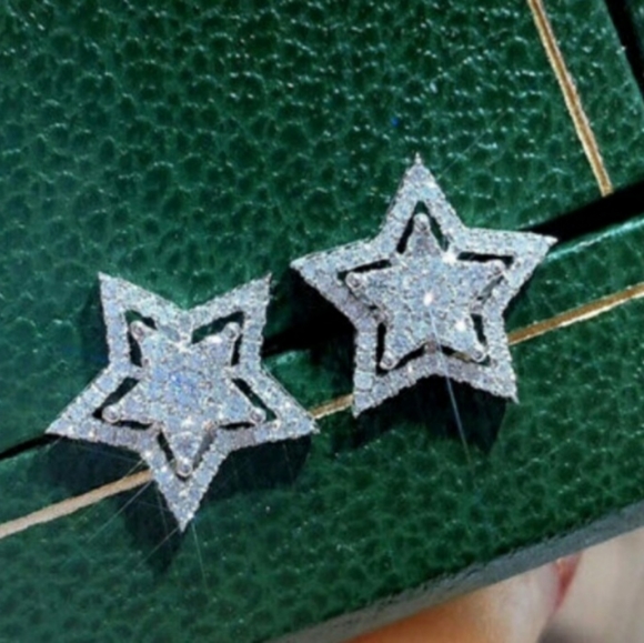 Diamond Star Burst Silver Stud Earrings - Picture 2 of 12